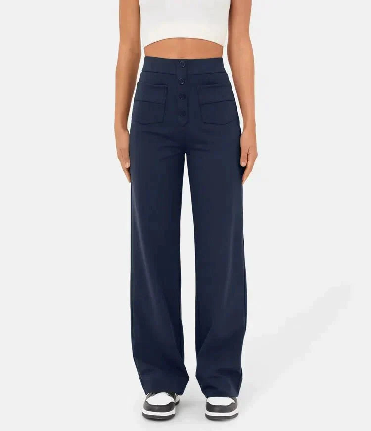 Luus - Stijlvolle high-waisted elastische casual broek, perfect voor een comfortabele en trendy look